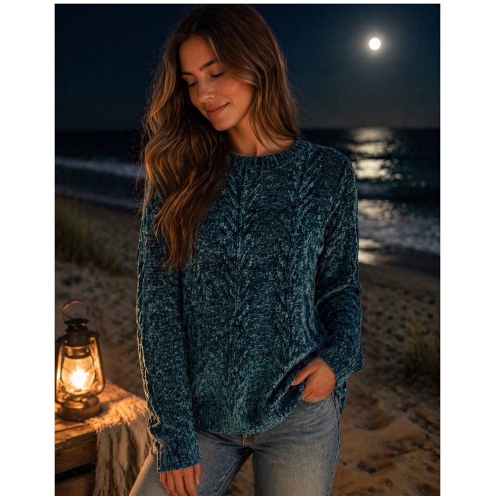 Orvis‎ Womens XXL Chenille Cable Knit Sweater Teal Blue Crewneck Pullover Soft